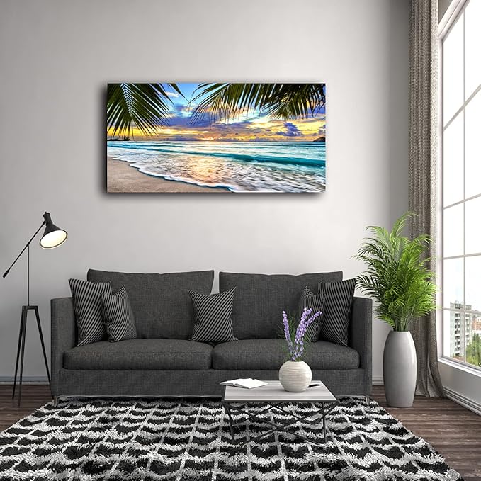 Beach Canvas Wall Art Seascape Theme Pictures Home Decor Blue Ocean White Wave Palm Tree Prints Painting for Living Room Bathroom Bedroom Kitchen Office Decoration Natural Scenery Artwork 28x57 inches