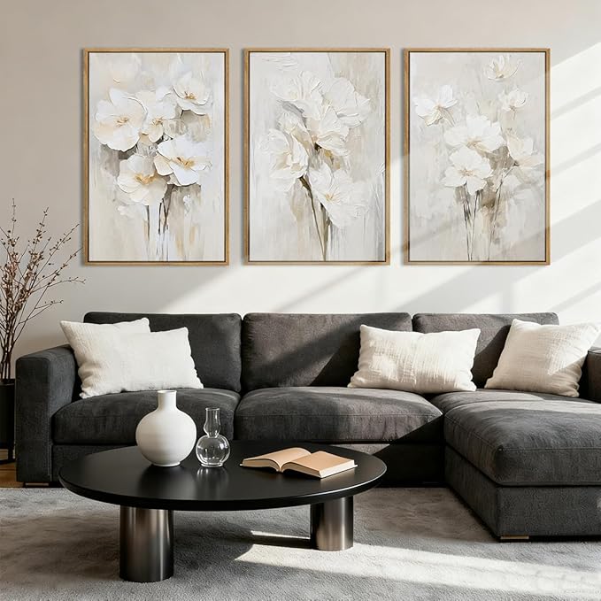 Anyzal Framed Beige Floral Wall Art Neutral Flower Wall Decor for Living Room Bedroom Dining Room 16x24 Inch Set of 3