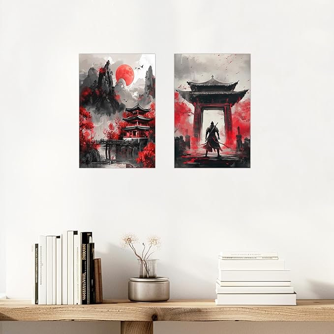 SWQYLB Japanese Wall Art 2 Piece Samurai Art Wall Decor Japanese Landscape Pictures Canvas Prints Asian Oriental Home Decor Framed (Red, (24"x36"x2 Pieces))