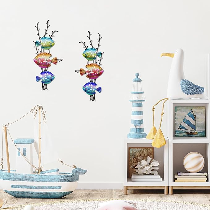 Landhoow 2 Pcs Coastal Wall Decor Metal Fish Wall Art Beach Ocean Sea Tropical Fish Art Nautical Hanging Sculpture for Summer Party Favor Indoor Outdoor Bedroom Living Room Kitchen