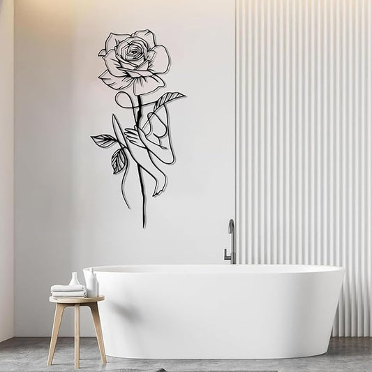 Metal Rose Wall Decor, Abstract Woman Metal Wall Art, Metal Minimalist Wall Art, Metal Line Art Wall Decor, Rose Wall Art, Floral Wall Art, Female Body Wall Art for Bathroom, Bedroom (Black, 35"x17"/90x43cm)