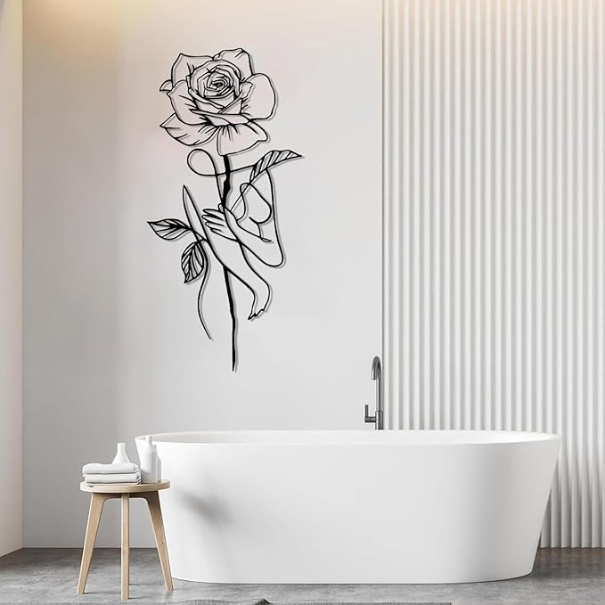 Metal Rose Wall Decor, Abstract Woman Metal Wall Art, Metal Minimalist Wall Art, Metal Line Art Wall Decor, Rose Wall Art, Floral Wall Art, Female Body Wall Art for Bathroom, Bedroom (Black, 41"x20"/105x51cm)