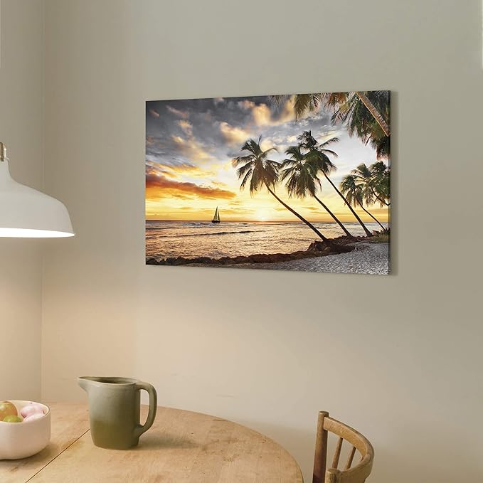 Coastal Wall Art Canvas Decor: Beach Scene Sunset Picture Ocean Sea Tropical Palm Tree Print Seascape Sailboat Painting Seaside Seashore Landscape Artwork for Bathroom Living Room 24 x 16 Inch