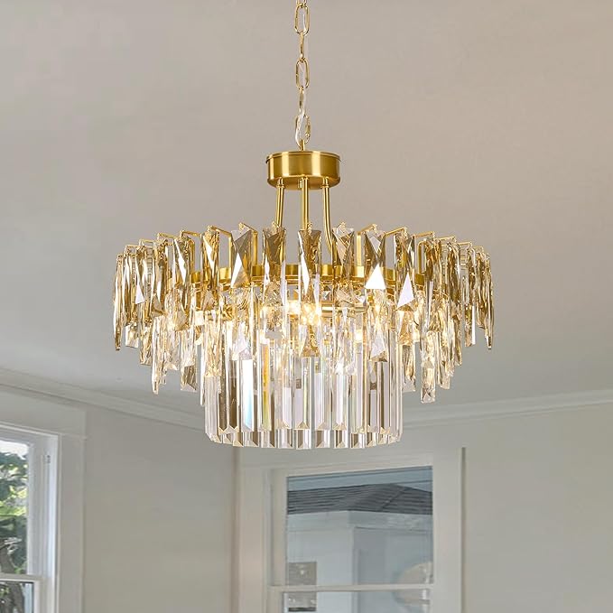 Modern Gold Round Crystal Dining room Chandelier - 19.7'' Luxury Raindrop K9 Crystals Chandeliers,Contemporary 3 Tier Ceiling Light Chandelier for Living room Bedroom Foyer Entryway (Include bulbs)