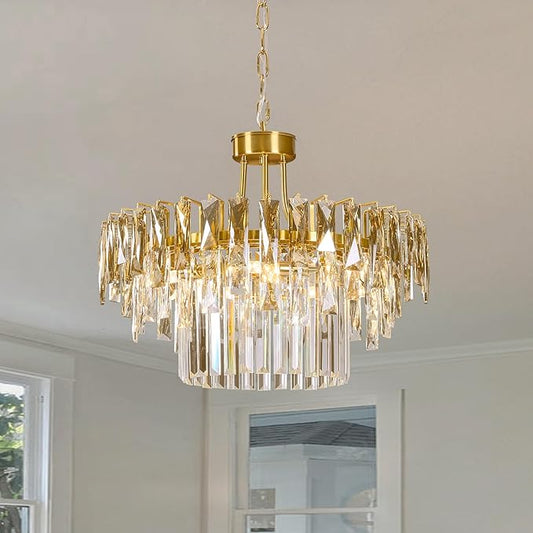 Modern Gold Round Crystal Dining room Chandelier - 19.7'' Luxury Raindrop K9 Crystals Chandeliers,Contemporary 3 Tier Ceiling Light Chandelier for Living room Bedroom Foyer Entryway (Include bulbs)