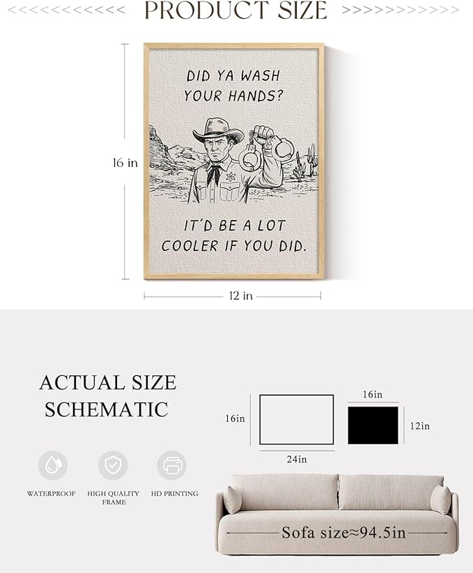 ARPEOTCY Small Framed Canvas Wall Art, 12x16in, Vintage Cowboy Bathroom Art (Did You Wash Your Hands), Western Room Wall Decor for Kitchen Laundry Shelf, Country Retro Artwork