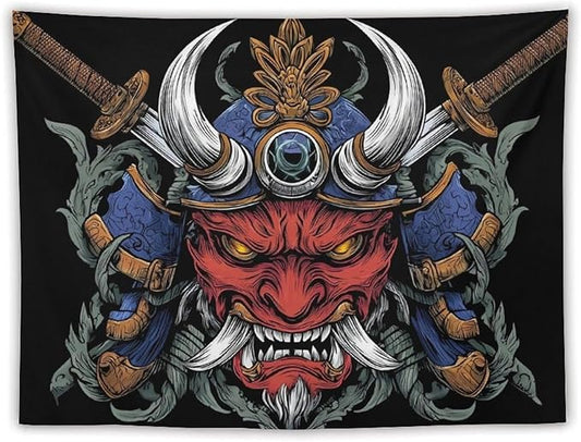 UUKXKUU Oriental Retro Mask Symmetry Samurai Tapestry Flag Backdrop Wall Hanging Large Wall Art Decor for Dorm Office Bedroom Living Room 60"×80"