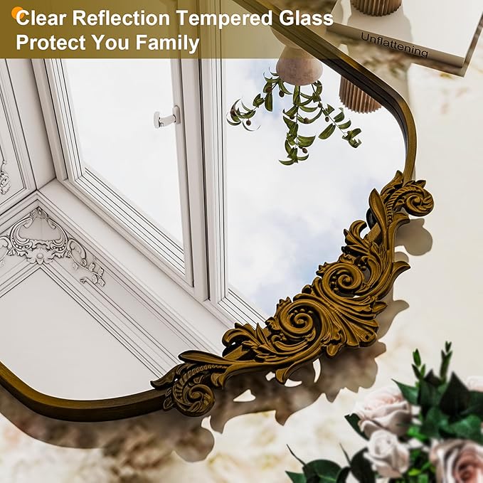 38"x 26" Arched Bathroom Mirror, Wall-Mounted Mirror with Carved Metal Frame & Bottom Art Carved, Vanity Mirror for Home Decor, Hanging Wall Mirror with Baroque Ornate Carved Accents, Vintage Bronze