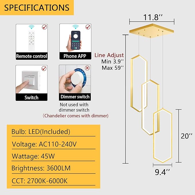 3 Rings Modern Chandelier LED Dimmable Pendant Lighting Adjust Ceiling Light for Dining Room Foyer Lobby Living Room Staircaes Gold