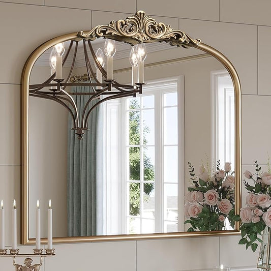 Arched Antique Gold Mirror, 36"x30" Gold Traditional Vintage Ornate Mirror, Wide Brass Vanity Mirrors for Over Sink/Bathroom/Fireplace/Entryway