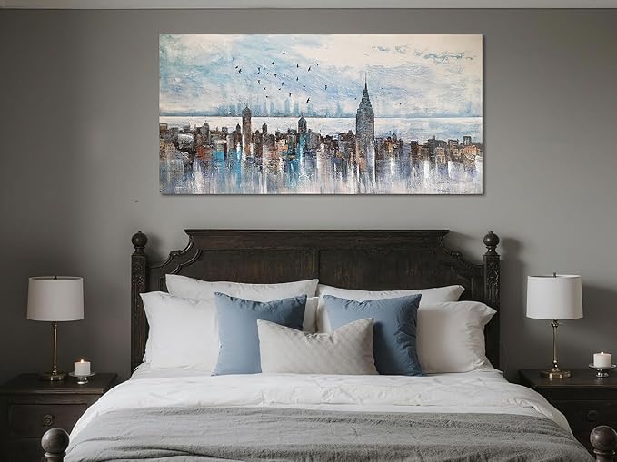 Arjun Cityscape Wall Art New York City Skyline Picture Modern Abstract Grey NYC Skyline Painting Framed Artwork for Bedroom Living Room Home Office Decor, Large 40"x20"