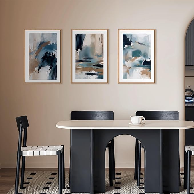 KAIRNE Blue Abstract Neutral Framed Canvas Wall Art Set, Navy Abstract Wall Decor, Watercolor Blue and Brown Wall Painting, Modern Textured Art Prints for Living Room, Bedroom, Office - 16"x24"x3