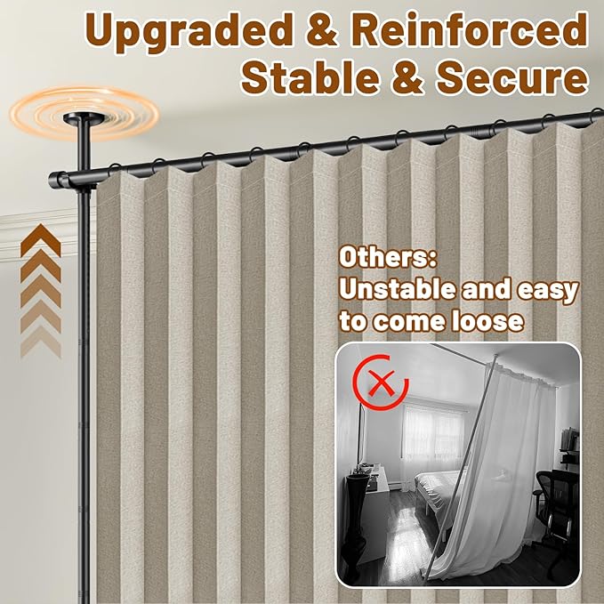 AJAZZ Room Divider Curtain (Cream White, W100 x L84 in,1 Panel)+ Curtain Rods No Drilling Adjustable Tension (H) 43-120×(W) 35-100 in, Heavy Duty Wall Divider for Apartment/Dorm