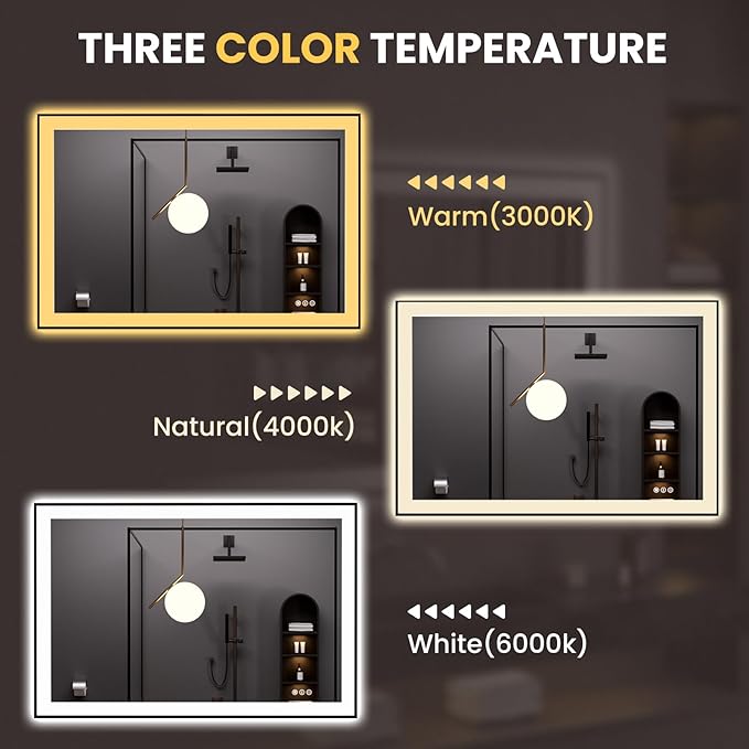 LOAAO 48"X32" LED Bathroom Mirror Black Framed, Anti-Fog, Dimmable, Lighted Bathroom Vanity Mirror for Wall, Memory Function, Tempered Glass