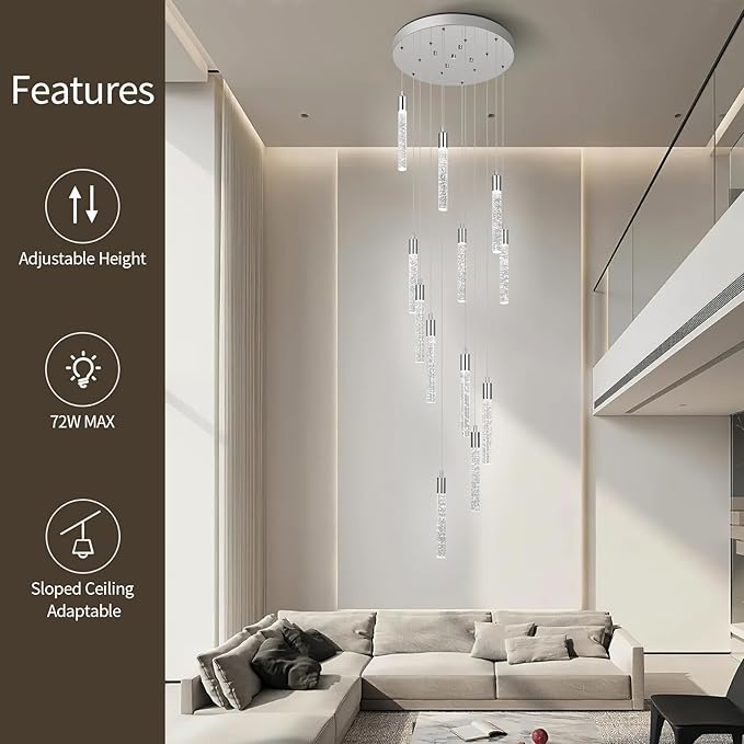 12 Light Living Room Chandelier Chrome Crystal Pendant Lights LED Dimmable 72W 6000K Staircase Large Chandelier Lobby Living Room Foyer High Ceiling Chandeliers