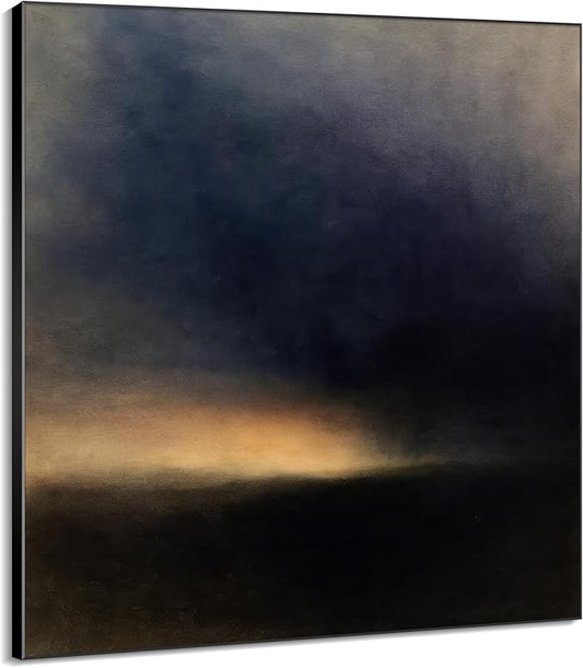 46"x46" XL Framed Wall Art - Moody Abstract Landscape Dark Blue and Golden Horizon Minimalist Foggy Forest Tranquil (Frame Assembly Required)