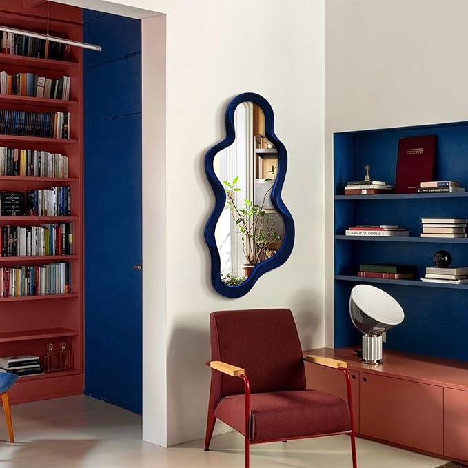 Living Room Mirrors for Wall Decor, 13.8x29.7 Wall Mounted Cloud Mirror for Girl Teen Women Bedroom Decoration, Cute Hanging Wall Art for Coastal Beach Ocean Home Office (Dark Blue)