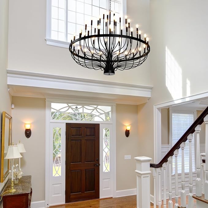60" Extra Large Chandelier, 48-Light Black Foyer Chandeliers for High Ceilings, Modern Farmhouse Light Fixtures for Dining Room Kitchen Island, E12 Vintage Rustic Industrial Candle Chandeliers