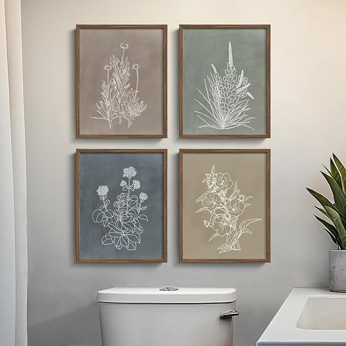 Boho Framed Botanical Wall Art for Bathroom Decor, 4 Piece Rustic Floral Canvas Painting Prints Artwork for Walls, Vintage Neutral Flower Pictures for Farmhouse Bedroom Dining Room Kitchen, 8x10 Inch