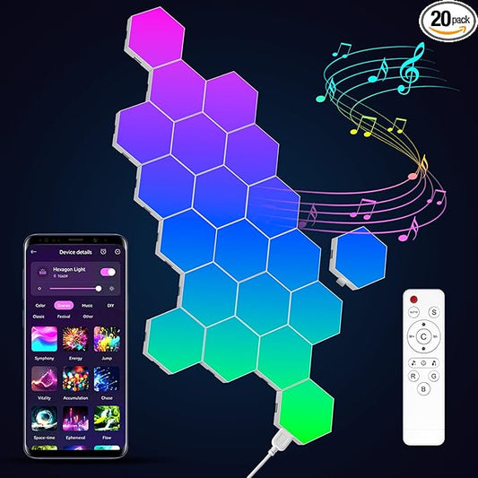 20-Pack Hexagon Light Panels – Smart RGB LED Wall Lights with App & Remote – Music Sync Gaming Lights for Gamers, Game Room Decor, Gaming Equipment, Living Room, Bedroom, Kids & Adults