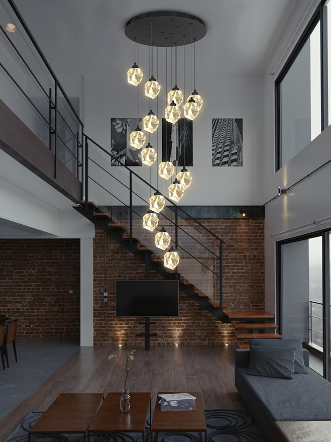 16-Lights Black Spiral Staircase Crystal Chandeliers 130 inch Long Chandelier High Foyer Ceiling Chandelier LED Dimmable 3000-6000K