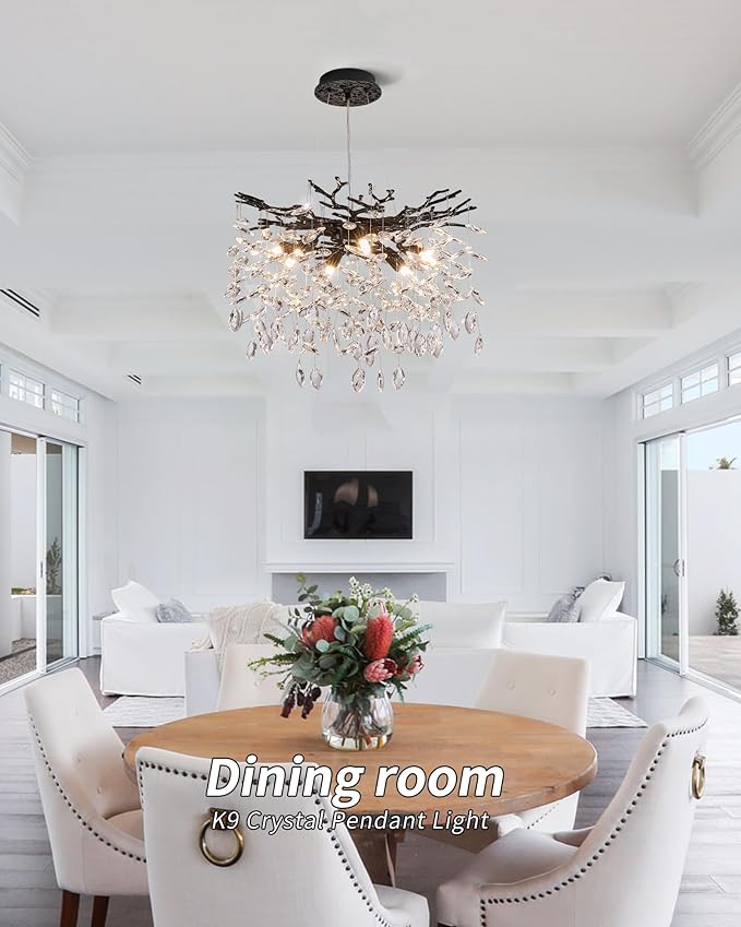Modern Tree Branch Crystal Chandelier Luxury Black Crystal Pendant Lighting 18" Contemporary 6-Light Chandeliers for Dining Room Kitchen Bedroom Living Room