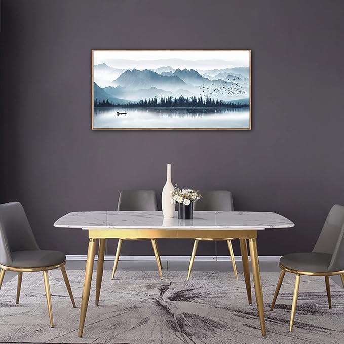 arteWOODS Indigo Framed Canvas Wall Art Misty Mountain Wall Pictures Foggy Lake Boat Painting Prints Forest Birds Artwork Wall Decor for Living Room Bedroom Decorations Framed 20" x 40" Natural