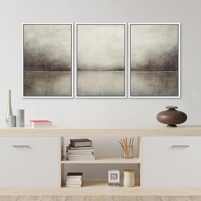 MUDECOR Framed Canvas Print Wall Art Set Abstract Landscape Nature Wilderness Illustration Modern Art Decorative Realism Rustic Vintage for Bedroom - 24"x36"x3 White