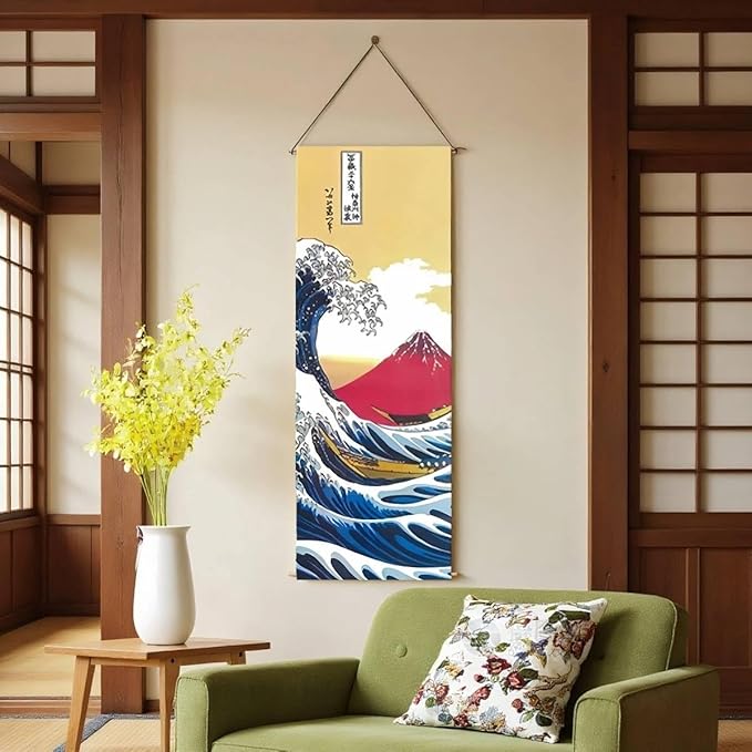Japanese Scroll Oriental Wall Art Decor, Long Vertical Tapestry, Ukiyo-e The Great Wave Off Kanagawa by Hokusai - W15.7" x H47.2" - for Living Room,Bedroom,or Office Sushi bar Asian Restaurant CTT-18