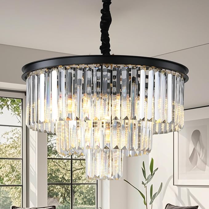 Black Modern Crystal Chandelier Lighting K9 Crystal Round Chandelier Hanging Ceiling Light Fixture 3-Tier Contemporary Crystal Pendant Light for Dining Room Living Room Bedroom 21.68inch