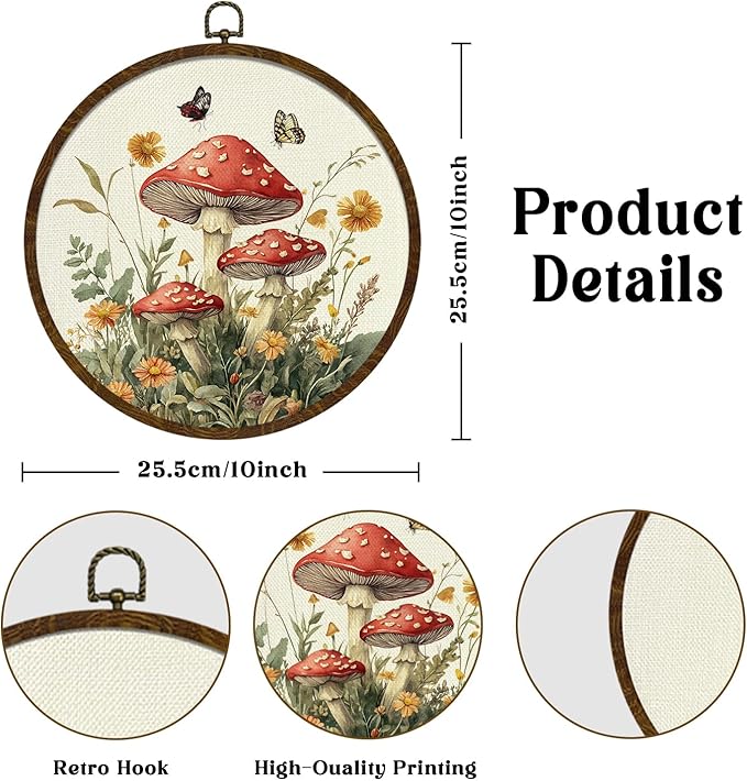 KLYTINK Vintage Fantasy Mushroom Floral Wall Art, Round Canvas Wall Hanging Decor, Fantasy Forest Botanical Illustration, for Living Room,Bedroom,office 10x10 Inch(MG09)