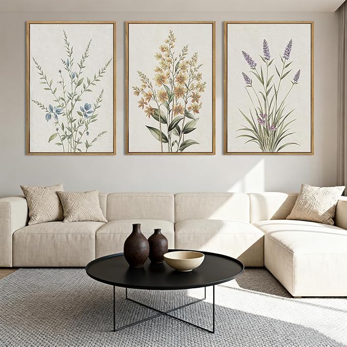 Anyzal Extral Large Neutral Floral Wall Art Beige Botanical Wall Decor Wildflower Painting 24x36 Inch Set of 3 for Living Room Bedroom Dining Room