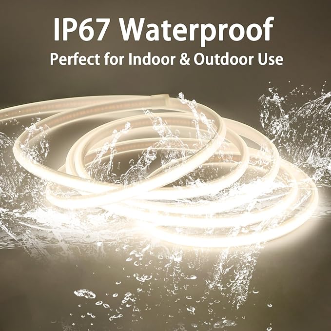 Outdoor LED Strip Lights Waterproof IP67 AC 110V COB LED Strip 6.56 Foot Cuttable Rope Light with US Plug 4000K White Super Bright Cabinet Lights for Bedroom Kitchen Closet Ceiling