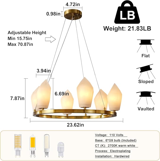 Alabaster Chandeliers, 23" 6-Light Modern Large Chandelier for Living Room with Bulb, Bedroom Wagon Wheel Chandelier, Round Gold Chandeliers for Entryway, Foyer Lighting Fixtures Hanging Light