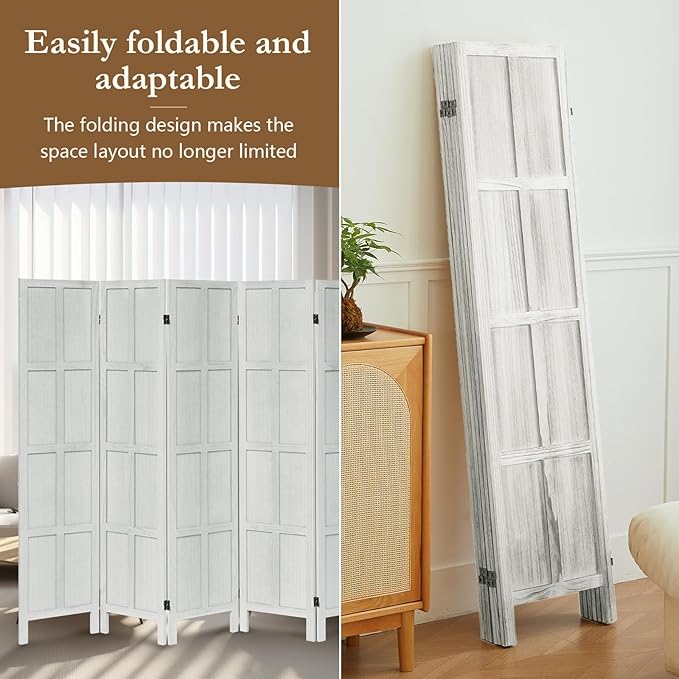 6 Panel Room Divider, 5.6Ft Wood Room Dividers and Folding Privacy Screens, Room Divider Wall Freestanding Room Partitions, Room Dividers Screen for Home Office Restaurant Bedroom, White