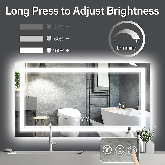 55x30 Inch LED Bathroom Mirror, Backlit and Front Light Anti-Fog Dimmable Memory Lighted Vanity Mirror, Large Shatterproof Wall-Mounted Led Mirror for Bathroom