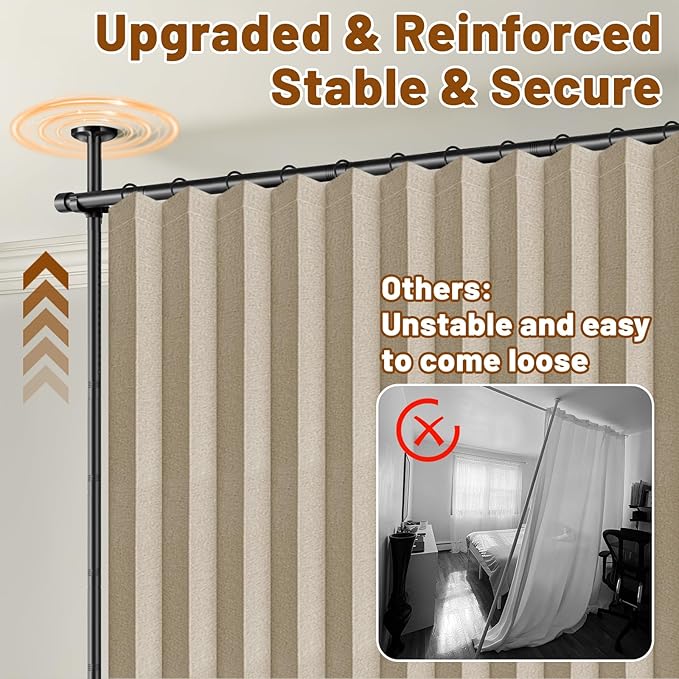 AJAZZ Room Divider Curtain (Beige, W100 x L84 in, 1 Panel)+ Curtain Rods No Drilling Adjustable Tension (H) 43-120×(W) 35-100 in, Heavy Duty Wall Divider for Apartment/Dorm