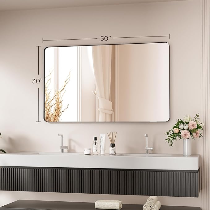 Black Bathroom Mirror 50X30 Inch Bathroom Vanity Mirror for Wall, Metal Frame Large Mirror, Tempered Glass, Modern Wall Mirror for Bathroom, Farmhouse, Horizontally or Vertically Hanging