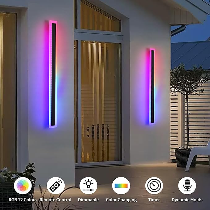 2-Pack 40in Long Outdoor Modern LED Wall Light, 30W IP65 Waterproof Warm/RGB LED Wall Mount Lighting Fixture, Color Changing Long Outdoor Wall Light Dimmable Black Exterior Wall Sconce