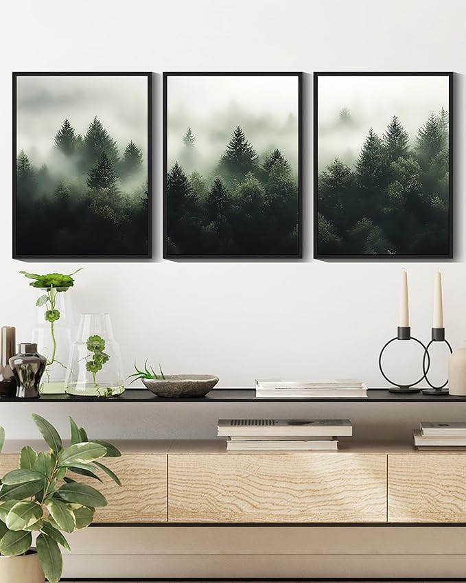 KUVIOKE Green Fog Pine Tree Framed Wall Art Nature Nordic Forests Artwork Morden Painting Home Decor 11x14in (Black Framed)