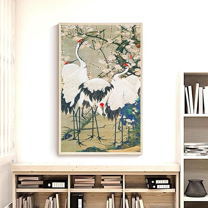 OZCONO Japanese Crane Wall Art Print, Cherry Blossom Birds Artwork, Traditional Asian Home Decor, UV-Resistant Giclée Print (11L x 9W)
