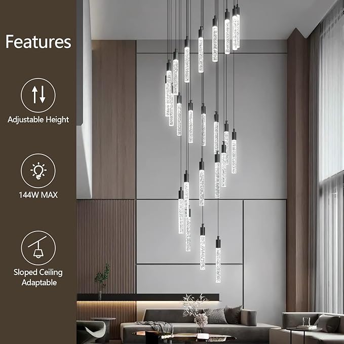 24-Light Modern Living Room Chandelier Black Crystal Ceiling Pendant Lights LED Dimmable 144W 6000K Staircase Large Chandeliers for Entryway Lobby Foyer High Ceiling Chandeliers
