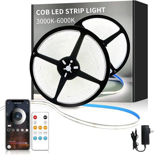 32.8ft COB LED Strip Lights 6000K White Dimmable DC 24V Flexible LED Tape Light for Bedroom, with Remote and app Control LED Light Strip,for DIY Home Decoration（White