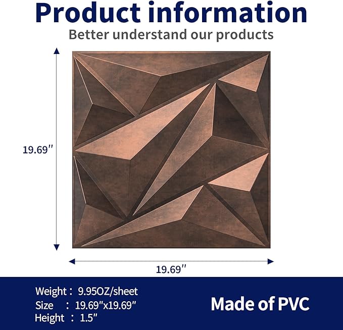 Art3dwallpanels PVC 3D Wall Panel Diamond for Interior Wall Décor, Wall Decor PVC Panel, 3D Textured Wall Panels, Pack of 12 Tiles, Antique Copper