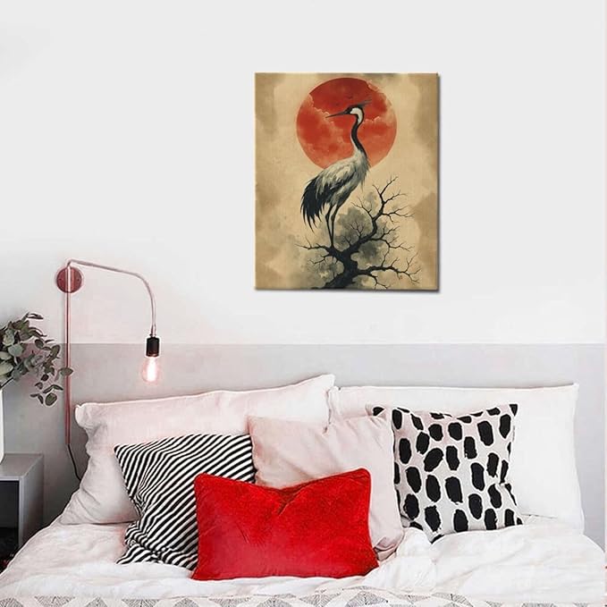 Japanese Crane Wall Art Oriental Asian Wall Decor Sandhill Crane Canvas Pictures Paintings Prints Japan Traditional Aesthetic Artwork Framed Chinese Decorations For Bedroom Living Room Office Gifts 20" x 24"