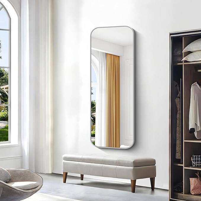 BONEWEI Silver Bathroom Mirror,24x60 inch Wall Mirror for Bathroom Wall Mounted,Rectangle Mirror for Bathroom Over Sink,Modern Frame Round Corner for Living Room,Bedroom Entryway,Horizontal/Vertical