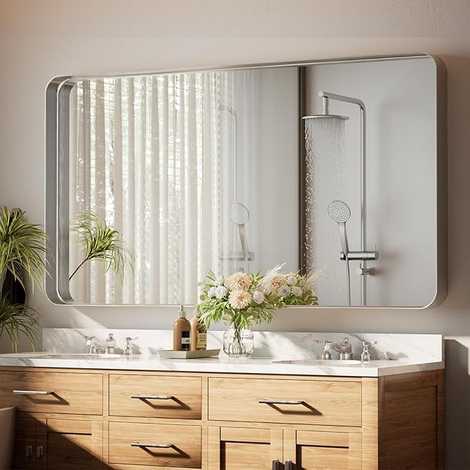 55"x 30" Silver Bathroom Mirror - Aluminum Framed Wall Mirror, Bathroom Wall Mounted Vanity Mirror, Bedroom, Living Room Wall Mirror, Hang Horizontally or Vertically
