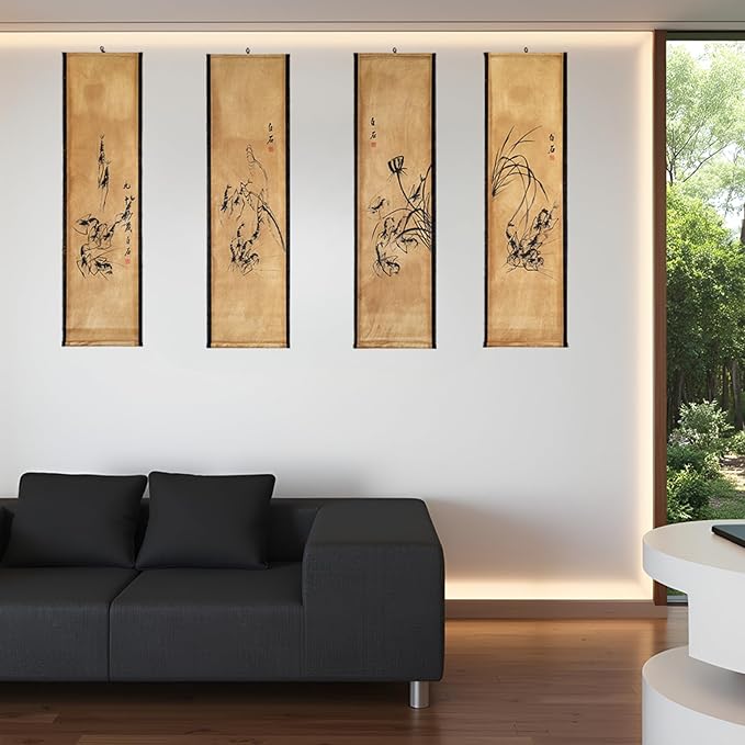 CIFIBIFUN Wall Asia Art Prints Posters,4 Panels Qi Baishi Shrimp China Ink Painting Replica Paper Scroll, Home Walls Decor Chinese Painting
