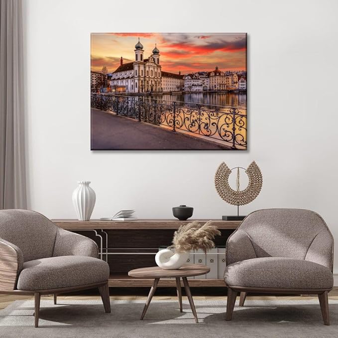 Mordern 1Pcs European Cityscape Canvas Wall Art Scenic Sunset Over River Cathedral with Domes Ready to Hang Architecture Romantic Travel Destination Decorative Framed Artwork for Living Rooms Bedrooms
