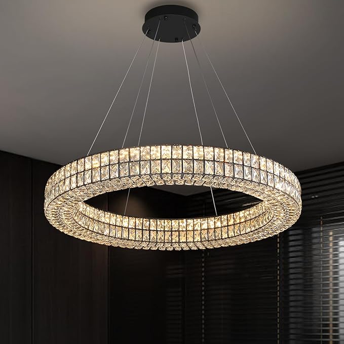 Modern Large LED Ring Chandelier Dimmable Crystal Chandeliers for Dining Room Living Room Entryway Staircase(2700K-6000k, Black 40 inch)
